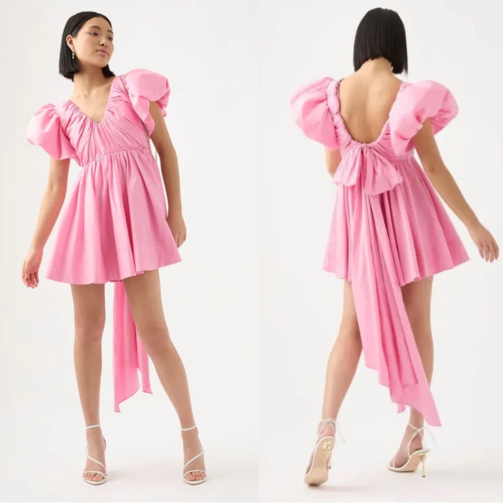 Aje Gretta Pink Back Bow Puff Sleeve Mini Dress